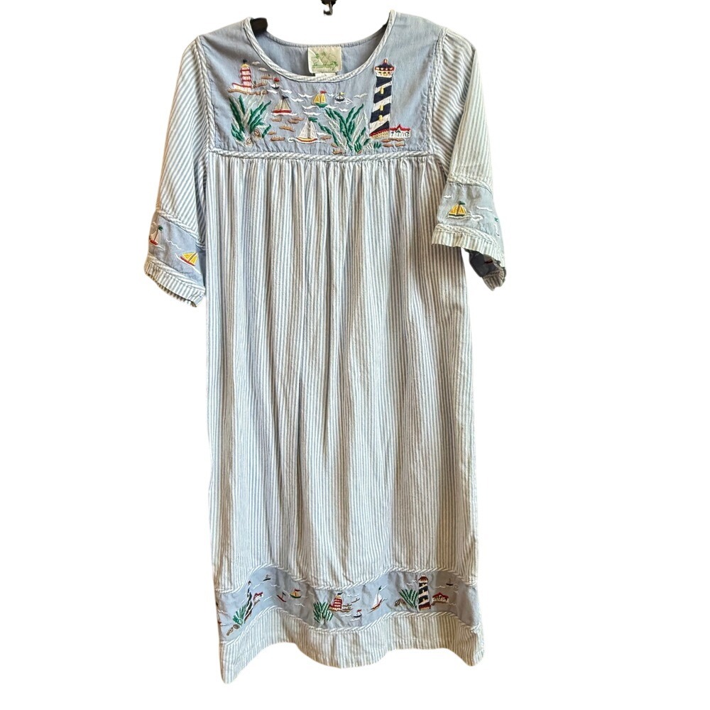 Quacker Factory Nautical Lighthouse Embroidered Striped Cotton Dress Blue L